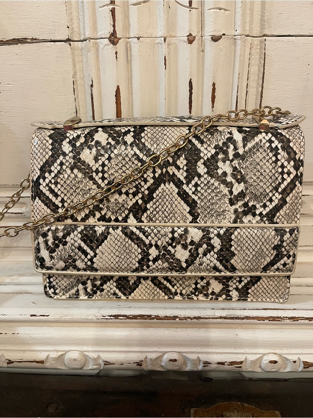 Snake-Print Crossbody Bag with Gold Chain Strap - Black & Cream